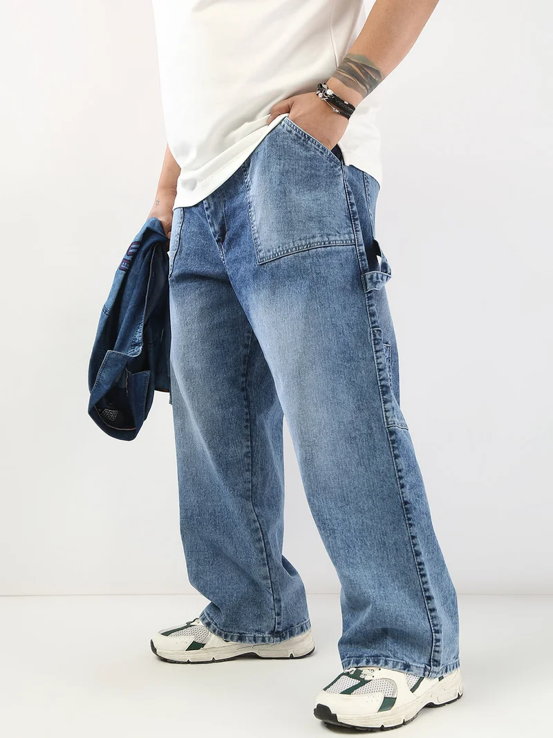 Urbano Plus Men's Light Blue Loose Fit Cargo Carpenter Jeans with 6 Pockets Non-Stretchable