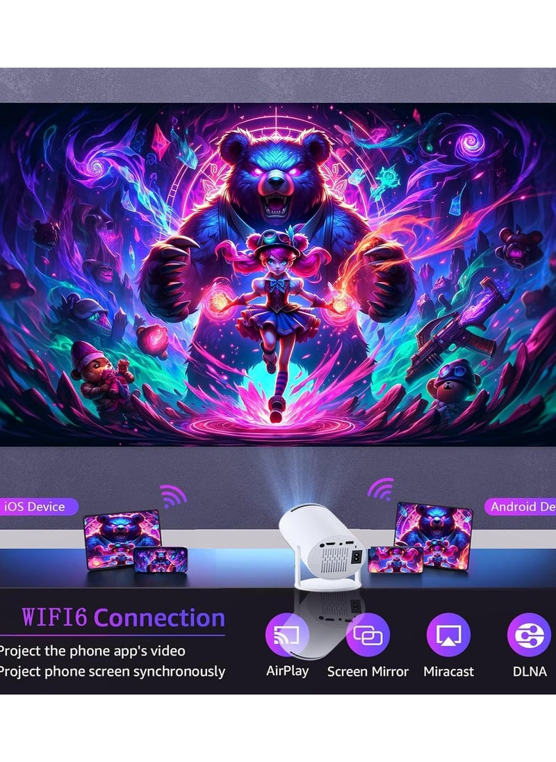 HY300 Pro Mini Projector with WIFI6 and Bluetooth, 4K 1080P Support with  Android 11.0 TV, Up to 150'' Screen, 180° Flip, Modern Round Design, HDMI & USB Compatible with iOS, Android, Laptops, TV Sticks, PS5, and Many More Devices