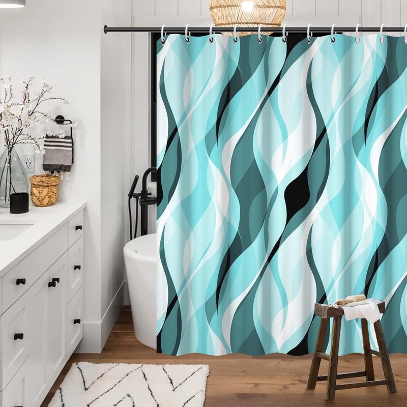 Ruelvth Teal Shower Curtain  Abstract Turquoise and Grey Striped Shower Curtain Set for Bathroom Waterproof Shower Curtain with Hooks  72x78 Inch - Image 2