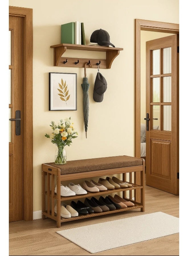 LINGWEI Wooden Shoe Rack With Bench Shoe Cabinet with Seat Bamboo Free Standing Entryway Closed Shoes Organizer Multi-Function Storage Shelf - Image 5