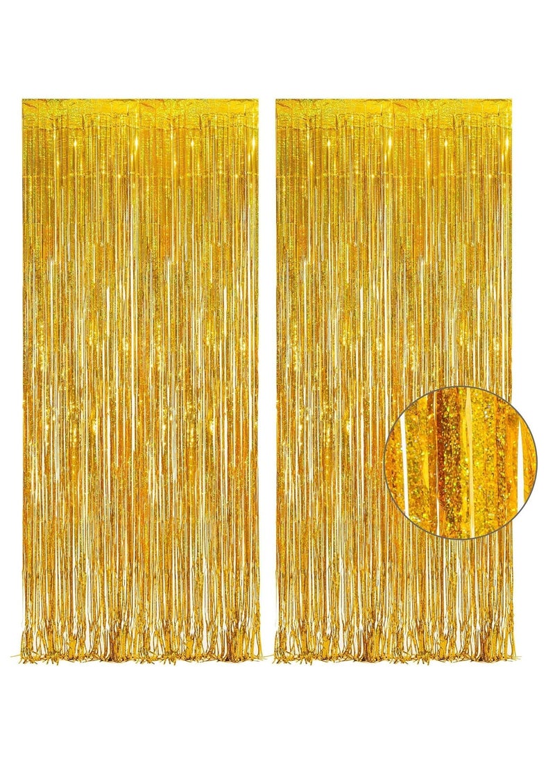 Generic - Tinsel Curtain Party Backdrop, Laser  Gold Glitter Foil Fringe Curtain Lilac Party Decor Streamers for Birthday Girl Princess Bachelorette Euphoria Theme Party Decorations 2 Pcs - Image 1