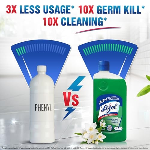 Lizol Disinfectant Surface & Floor Cleaner Liquid, Jasmine - 1 Litre | Suitable for All Floor Cleaner Mops | Kills 99.9% Germs| India's #1 Floor Cleaner - Image 3