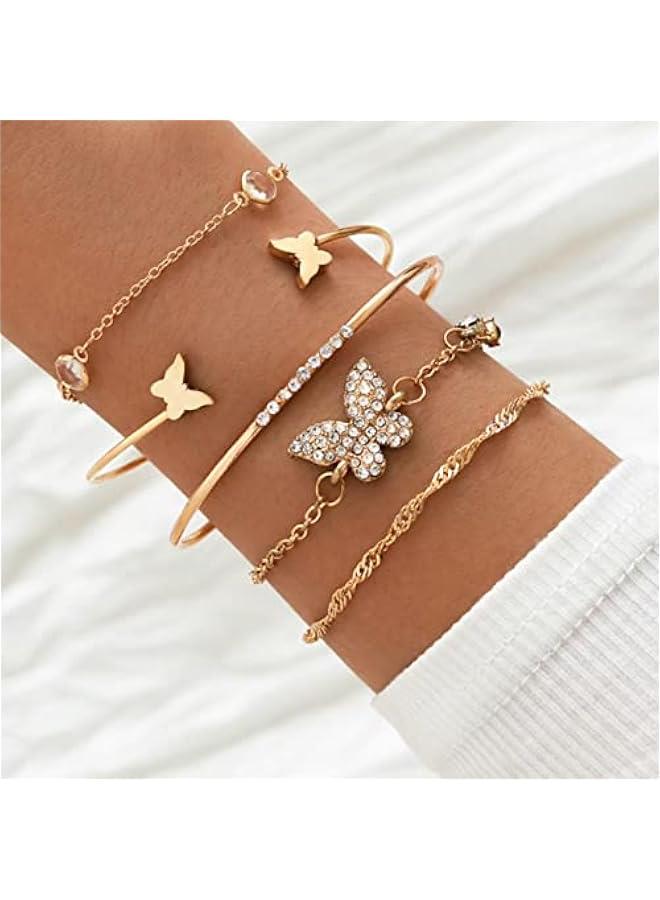 Arabest 5 Pcs Bracelets for Women Gold Open Cuff Wrap Stackable Bracelet Boho Chain Bracelets Set (5 Pcs gold)  - Image 2