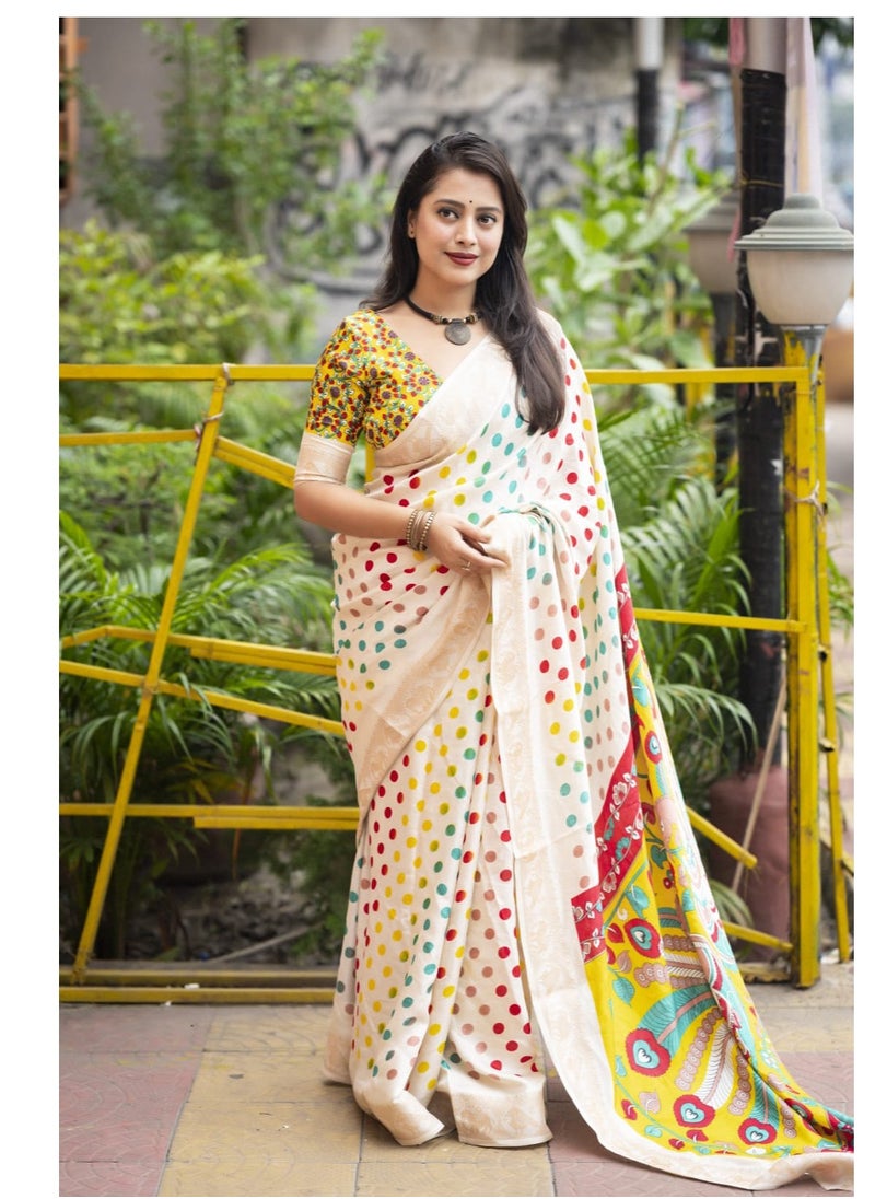 Grab Mantra - Off White Silk Multicolor Polka Dot Print having Golden Weaving Border Saree With Unstitched Blouse - Image 1