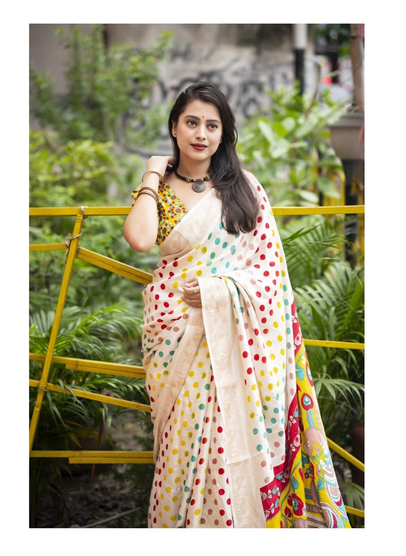 Grab Mantra - Off White Silk Multicolor Polka Dot Print having Golden Weaving Border Saree With Unstitched Blouse - Image 1