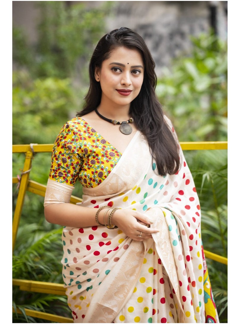 Grab Mantra - Off White Silk Multicolor Polka Dot Print having Golden Weaving Border Saree With Unstitched Blouse - Image 1