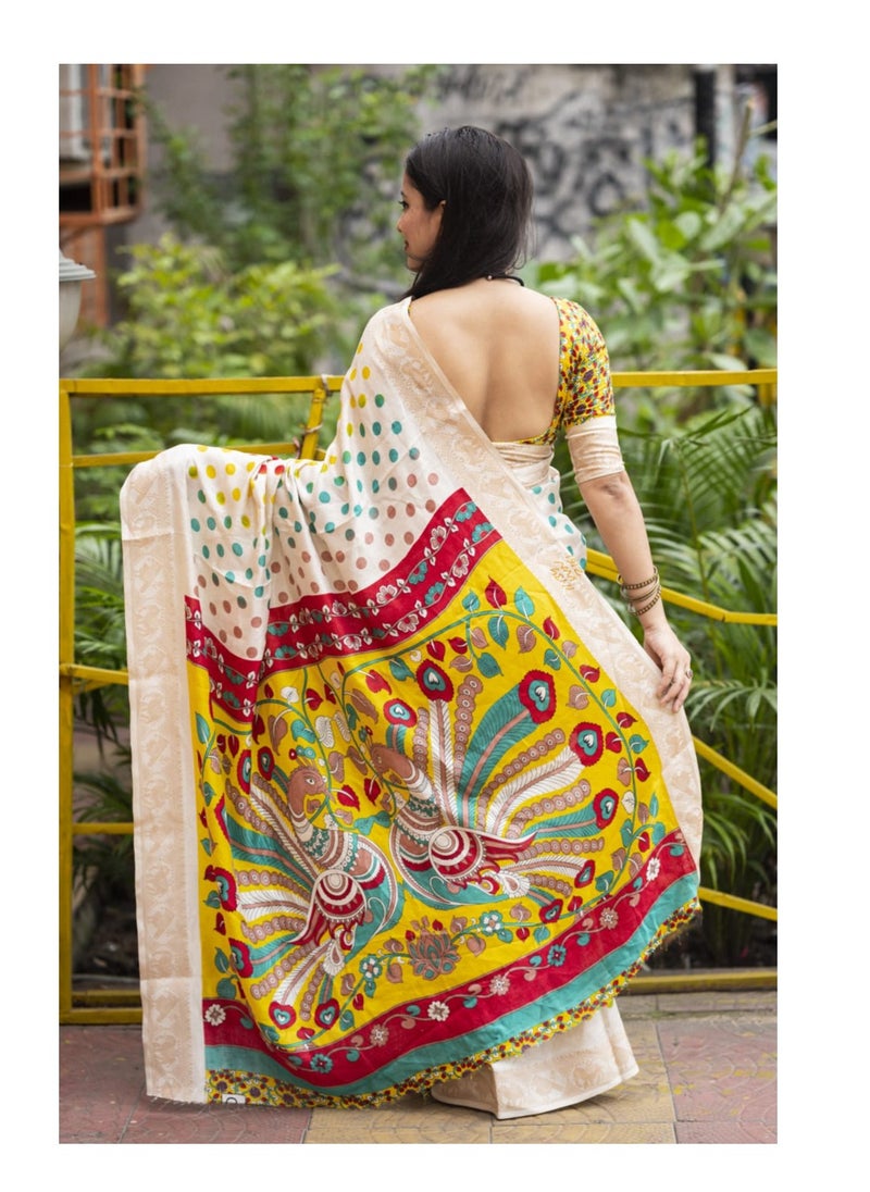 Grab Mantra - Off White Silk Multicolor Polka Dot Print having Golden Weaving Border Saree With Unstitched Blouse - Image 1