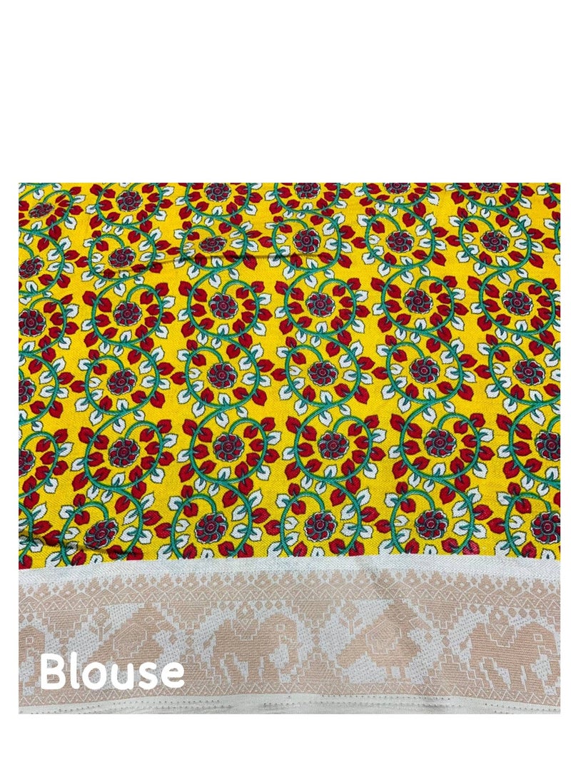 Grab Mantra - Off White Silk Multicolor Polka Dot Print having Golden Weaving Border Saree With Unstitched Blouse - Image 1