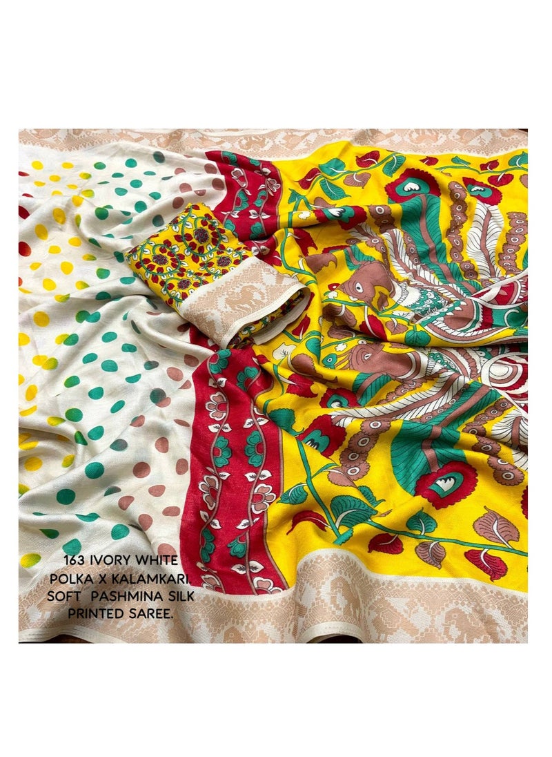 Grab Mantra - Off White Silk Multicolor Polka Dot Print having Golden Weaving Border Saree With Unstitched Blouse - Image 1