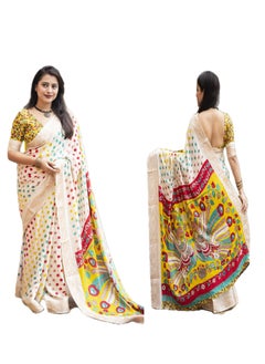 Off White Silk Multicolor Polka Dot Print having Golden Weaving Border Saree With Unstitched Blouse