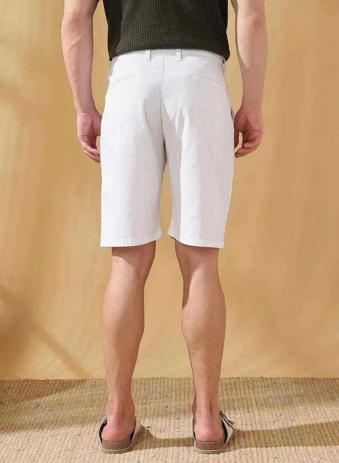 Dennis Lingo White Men's White 100% Cotton Striped Knee Length Bermuda Regular Fit Shorts for Men | Best Price UAE