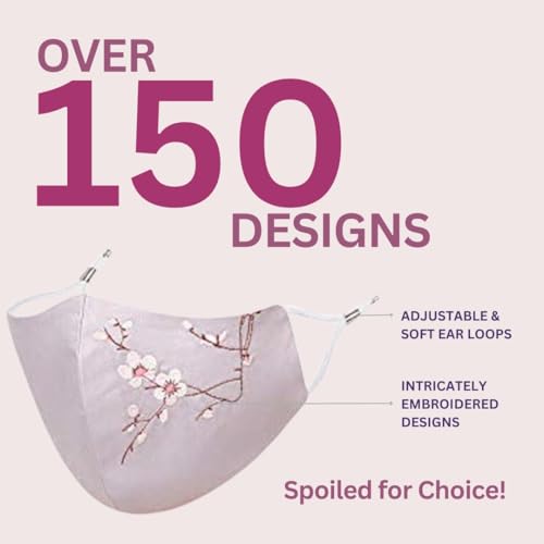 MASQ Floral Reusable, Washable, Anti-Bacterial(BFE>99%) 4 Layer Embroidered, Fashionable 100% Pure Cotton Cloth Face Mask for Women with Ear Adjusters (Cherry_Blush_Combo_L_06) - Image 4