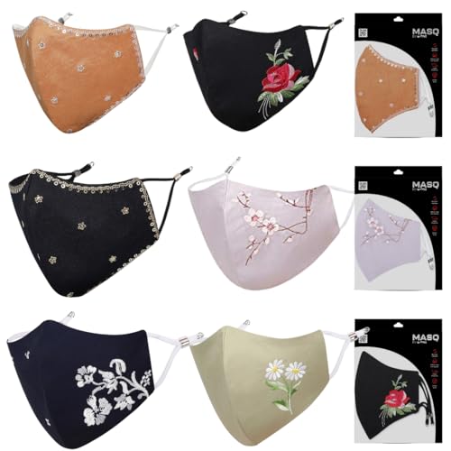 MASQ Floral Reusable, Washable, Anti-Bacterial(BFE>99%) 4 Layer Embroidered, Fashionable 100% Pure Cotton Cloth Face Mask for Women with Ear Adjusters (Cherry_Blush_Combo_L_06) - Image 1
