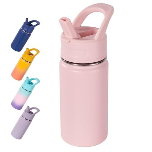 Fijinhom 12oz Kids Water Bottle for School, Toddler Bottles with Straws, Stainless Steel Vacuum Insulated Water Bottle for Boys&Girls, Leak-Proof, BPA-Free, Pink - Image 1