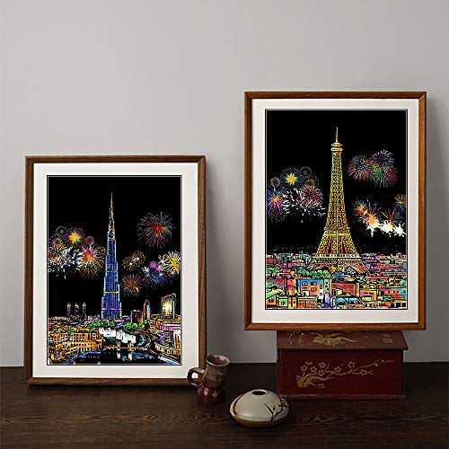 AP ARTSPER Scratch Art for Kids & Adults, Rainbow Engraving Painting Landscape Scratchboard(A4) Crafts Set: 8 Sheets 4 tools - Fireworks, Big Ben, Tower Bridge, Cristo Redentor, Ferris Wheel(Landmark Building) - Image 2