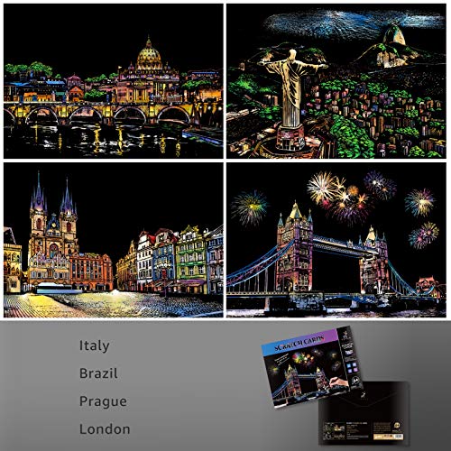 AP ARTSPER Scratch Art for Kids & Adults, Rainbow Engraving Painting Landscape Scratchboard(A4) Crafts Set: 8 Sheets 4 tools - Fireworks, Big Ben, Tower Bridge, Cristo Redentor, Ferris Wheel(Landmark Building) - Image 3
