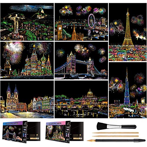AP ARTSPER Scratch Art for Kids & Adults, Rainbow Engraving Painting Landscape Scratchboard(A4) Crafts Set: 8 Sheets 4 tools - Fireworks, Big Ben, Tower Bridge, Cristo Redentor, Ferris Wheel(Landmark Building) - Image 1