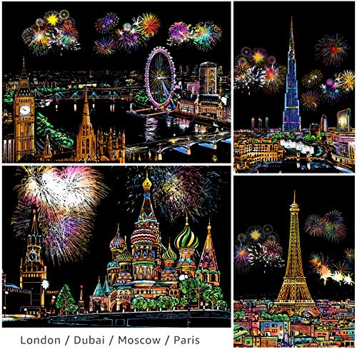 AP ARTSPER Scratch Art for Kids & Adults, Rainbow Engraving Painting Landscape Scratchboard(A4) Crafts Set: 8 Sheets 4 tools - Fireworks, Big Ben, Tower Bridge, Cristo Redentor, Ferris Wheel(Landmark Building) - Image 4
