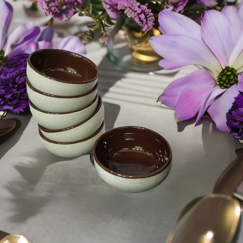 Caffeine Ceramic Handmade Cream Matte and Brown Katori Bowl (Set of 6) - Image 2