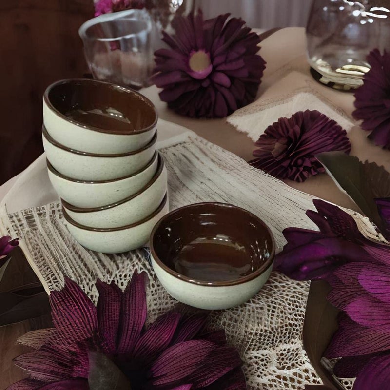 Caffeine Ceramic Handmade Cream Matte and Brown Katori Bowl (Set of 6) - Image 1