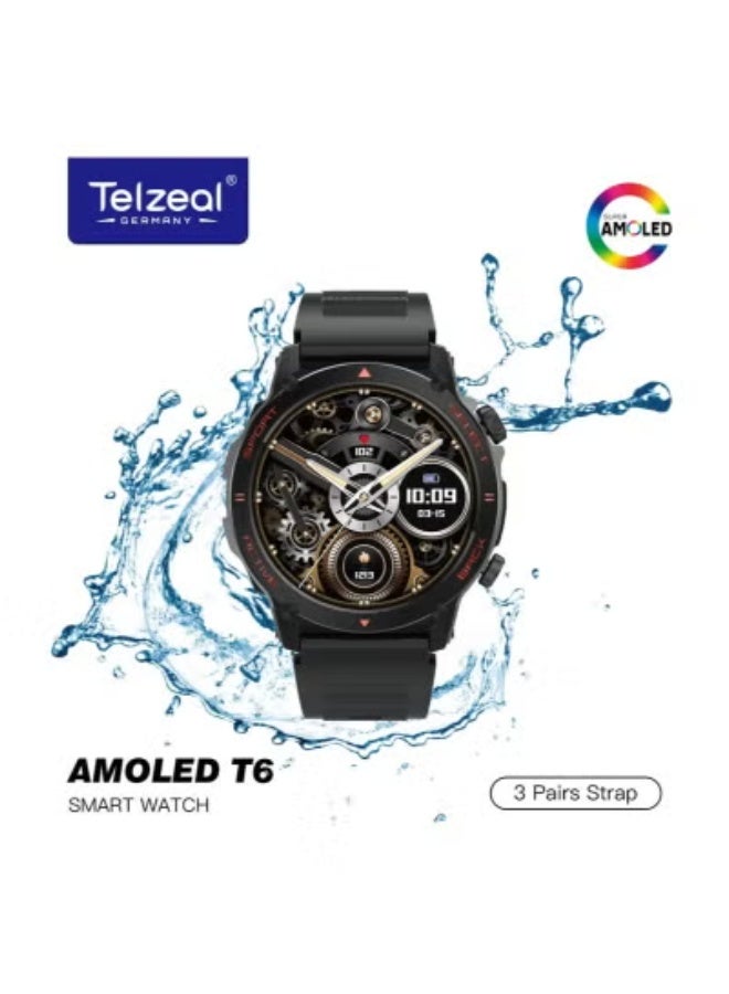 AMOLED T6 Smart Watch with Super AMOLED Display, Rugged Waterproof Design, Heart Rate & Sleep Monitor, Long Battery Life, Multi-Sport Fitness Tracking, Bluetooth Notifications, 3 Interchangeable Straps – Black