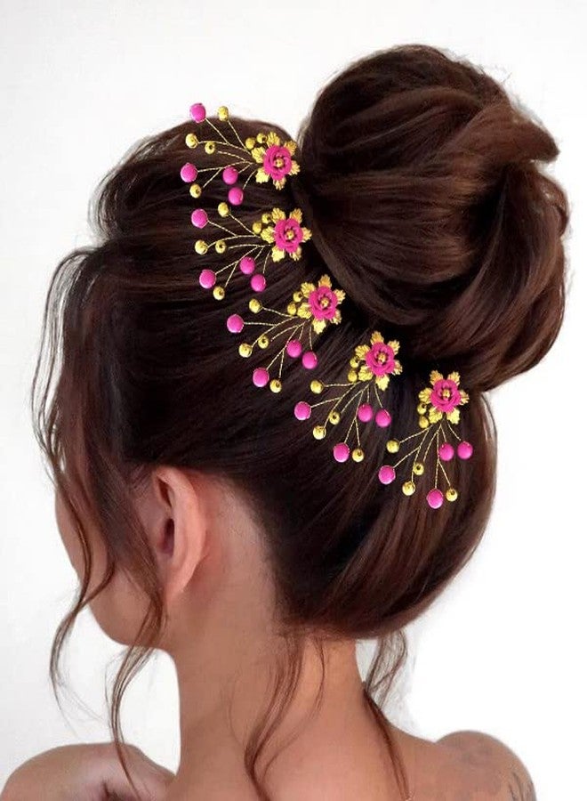 Hair Flare Artificial Flower with Beads Hair Pin for Women and Girls/Juda Pin/Bridal Hair Accessories- 2436, Dark Pink, Pack of 8 - Image 3