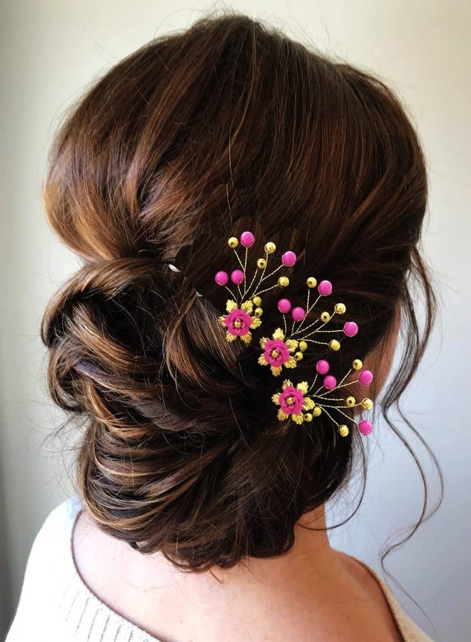 Hair Flare Artificial Flower with Beads Hair Pin for Women and Girls/Juda Pin/Bridal Hair Accessories- 2436, Dark Pink, Pack of 8 - Image 4