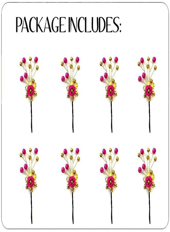 Hair Flare Artificial Flower with Beads Hair Pin for Women and Girls/Juda Pin/Bridal Hair Accessories- 2436, Dark Pink, Pack of 8 - Image 5