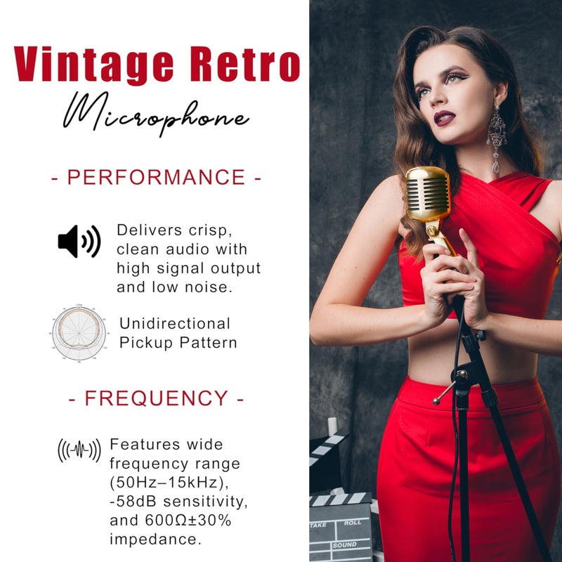 Marsrut Vintage Retro Old School Microphone, Professional Classic Dynamic Wired Vocal Cardioid Mic For Karaoke Live Performance In-Studio Recording Singing Stage, Fashioned Metal Prop, XLR Cable Compatible - Image 5