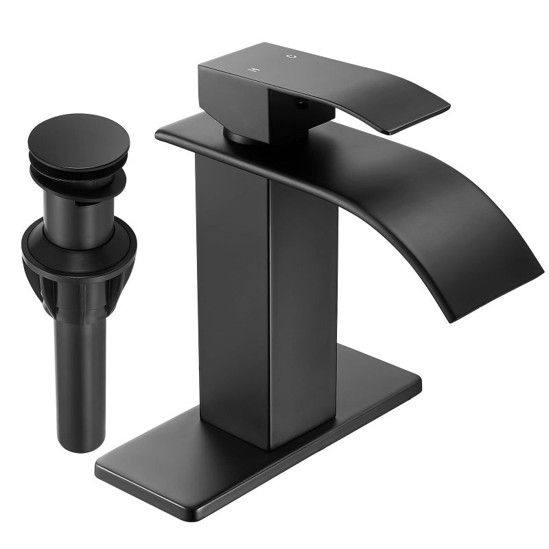 Fransiton Black Waterfall Bathroom Faucet Lavatory Single Handle 1 Or 3 Hole Bathroom Sink Faucet Washbasin Faucet With Deck And Pop-Up Drain - Image 1