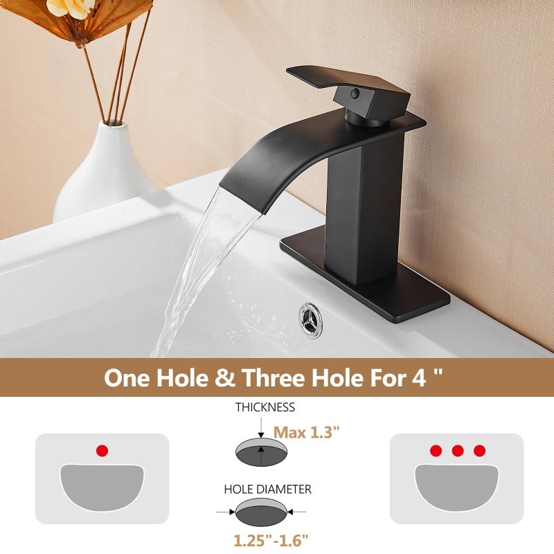 Fransiton Black Waterfall Bathroom Faucet Lavatory Single Handle 1 Or 3 Hole Bathroom Sink Faucet Washbasin Faucet With Deck And Pop-Up Drain - Image 2
