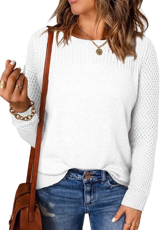 EVALESS Womens Sweaters Casual Long Sleeve Crewneck Cable Knit Lightweight Oversized Crochet Sweater Pullover Tops, White, XXL - Image 1