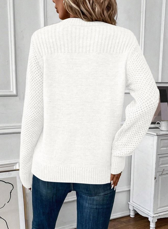 EVALESS Womens Sweaters Casual Long Sleeve Crewneck Cable Knit Lightweight Oversized Crochet Sweater Pullover Tops, White, XXL - Image 4