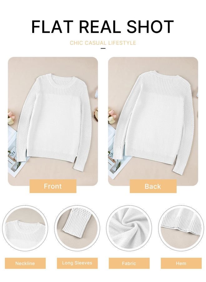 EVALESS Womens Sweaters Casual Long Sleeve Crewneck Cable Knit Lightweight Oversized Crochet Sweater Pullover Tops, White, XXL - Image 5