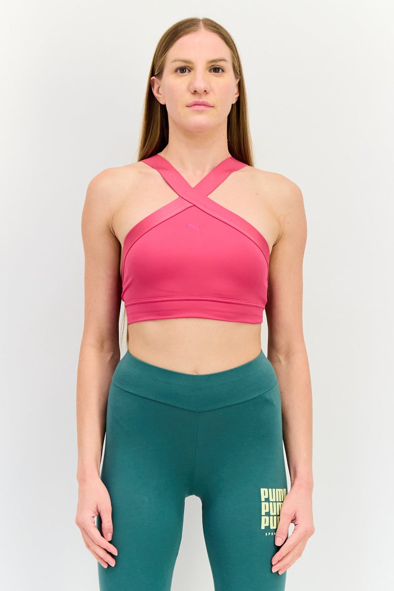 PUMA سوتيان رياضي خفيف مبطن بشعار العلامة التجارية للنساء، وردي داكن - Image 1