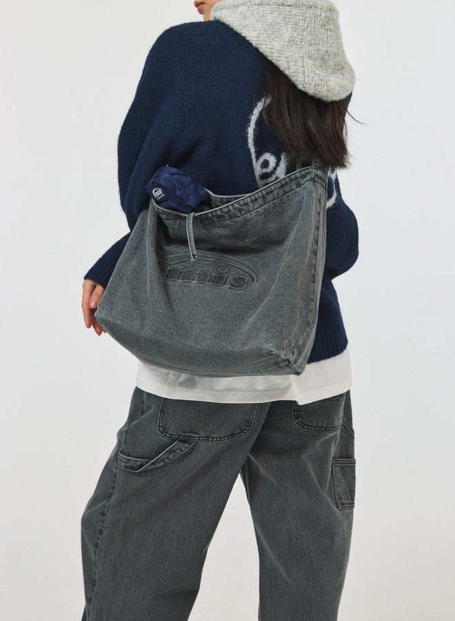 EMIS Logo Embossed Denim Shoulder Bag Unisex Casual Streetwear Bag Gray - Image 2