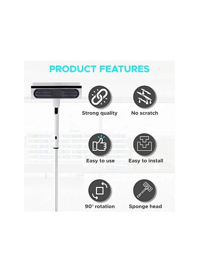PROMASS أداة تنظيف النوافذ 3 في 1 مع عمود تمديد 110 سم إسفنجة غسيل النوافذ مع دوران 90 درجة لباب زجاج دش السيارة، غسيل النوافذ المرتفع في الأماكن المغلقة/المفتوحة - Image 2