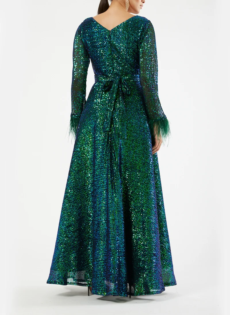 Amri Sequin Feathered Cuff Dress