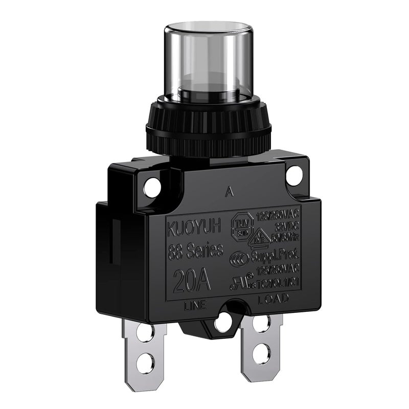 DIYhz 20Amp Circuit Breakers Thermal Overload Switch Protector 88 Series Manual Push Button Reset with Quick Connect Terminals and Waterproof Button Cap 32VDC or 125/250VAC - Image 1