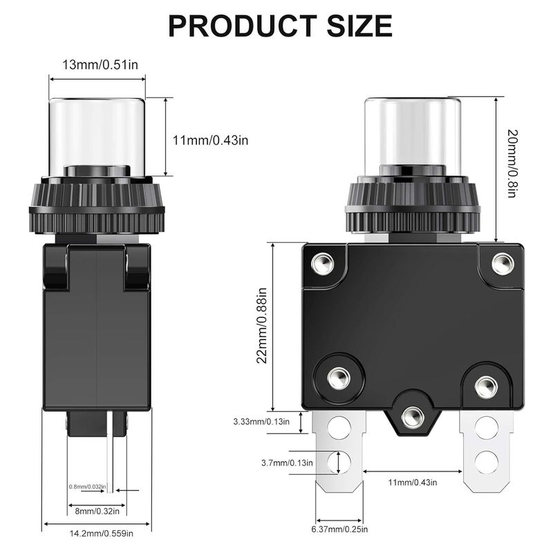 DIYhz 20Amp Circuit Breakers Thermal Overload Switch Protector 88 Series Manual Push Button Reset with Quick Connect Terminals and Waterproof Button Cap 32VDC or 125/250VAC - Image 3