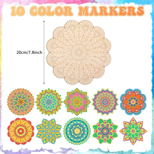 Vercraft 28 Pcs Wooden Mandala Painting Set Diwali Crafts Include 10 Unfinished Wood Cutouts with 18 Colored Pencil for Making Kit Mandala Crafts for Painting DIY Home Decors(Floral Style) - Image 2