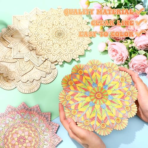 Vercraft 28 Pcs Wooden Mandala Painting Set Diwali Crafts Include 10 Unfinished Wood Cutouts with 18 Colored Pencil for Making Kit Mandala Crafts for Painting DIY Home Decors(Floral Style) - Image 3