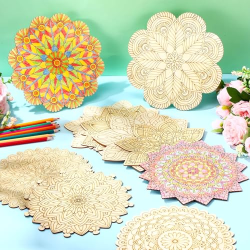 Vercraft 28 Pcs Wooden Mandala Painting Set Diwali Crafts Include 10 Unfinished Wood Cutouts with 18 Colored Pencil for Making Kit Mandala Crafts for Painting DIY Home Decors(Floral Style) - Image 4