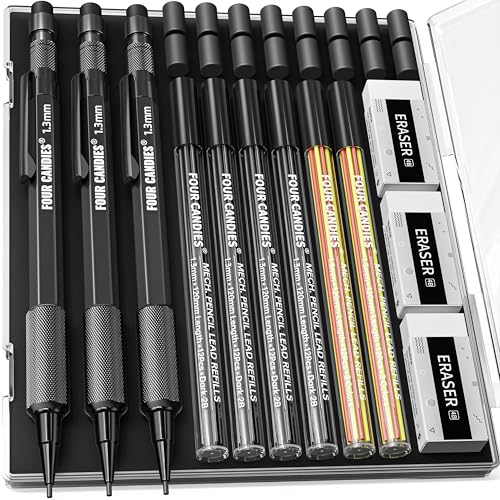 Four Candies 13mm Mechanical Pencil Set with 72 Lead Refill 3PCS Metal Weatherproof Body Heavy Duty Carpenter Pencil 3 Eraser 16 Eraser Refill for Outdoor Woodworking Drafting Marking with Case - Image 1
