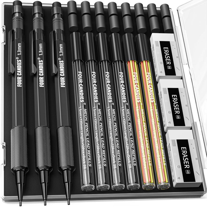 Four Candies 13mm Mechanical Pencil Set with 72 Lead Refill 3PCS Metal Weatherproof Body Heavy Duty Carpenter Pencil 3 Eraser 16 Eraser Refill for Outdoor Woodworking Drafting Marking with Case - Image 2