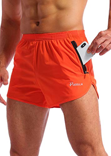 Pudolla Men’s Running Shorts 3 Inch Quick Dry Gym Athletic Workout Shorts for Men with Zipper Pockets(Orange Red Large) - Image 1