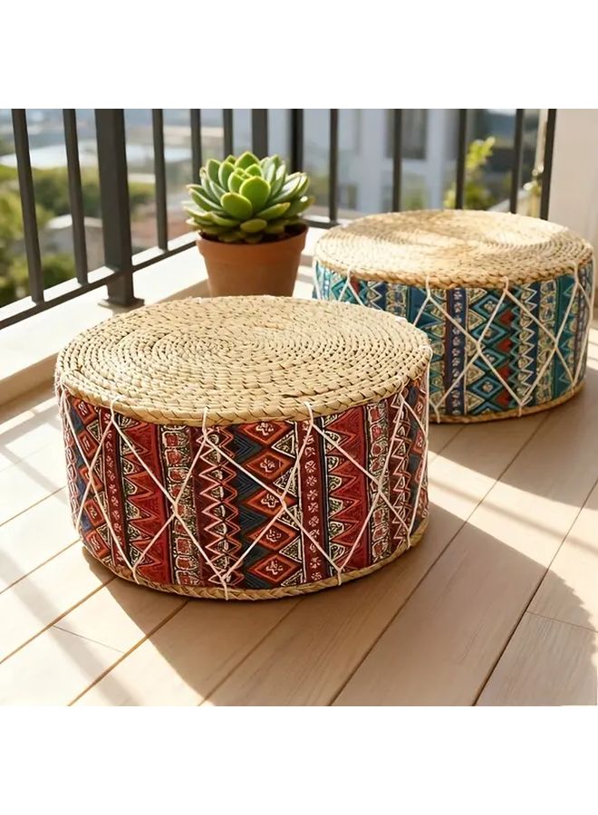 Blue Handmade Round Thick Grass Pad Ethnic Stripe Design For Living Room Bedroom Outdoor - Image 1