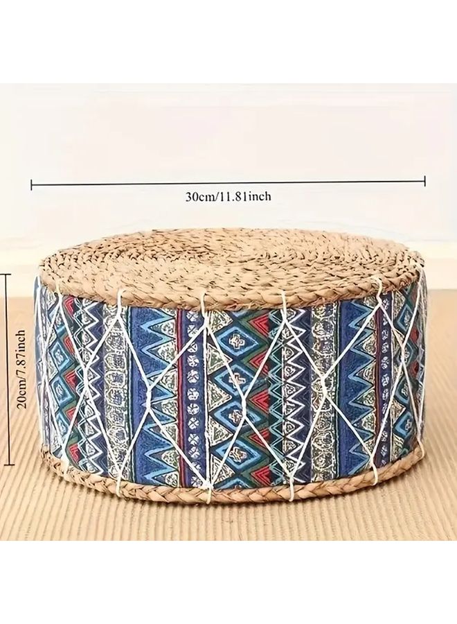 Blue Handmade Round Thick Grass Pad Ethnic Stripe Design For Living Room Bedroom Outdoor - Image 4