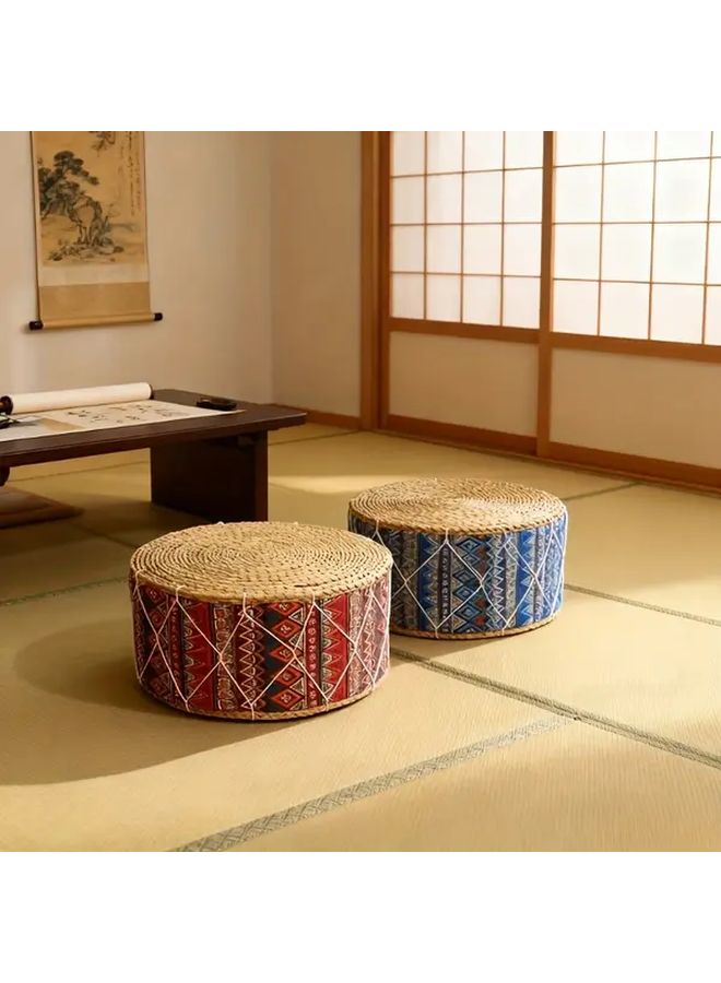 Blue Handmade Round Thick Grass Pad Ethnic Stripe Design For Living Room Bedroom Outdoor - Image 2