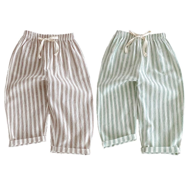 Ashmyova Classic Casual Pants for Boys Thin Cotton Stripe Elastics Waist Spring Summer Trousers Toddler Long Pants 2Pcs Coffee/Green Size 18-24 Months - Image 1